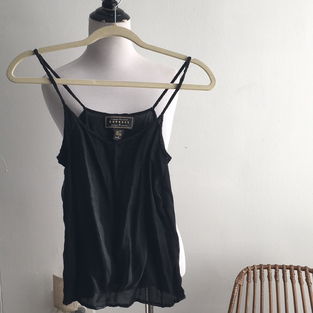 VTG Express black beaded trim v silk chiffon S